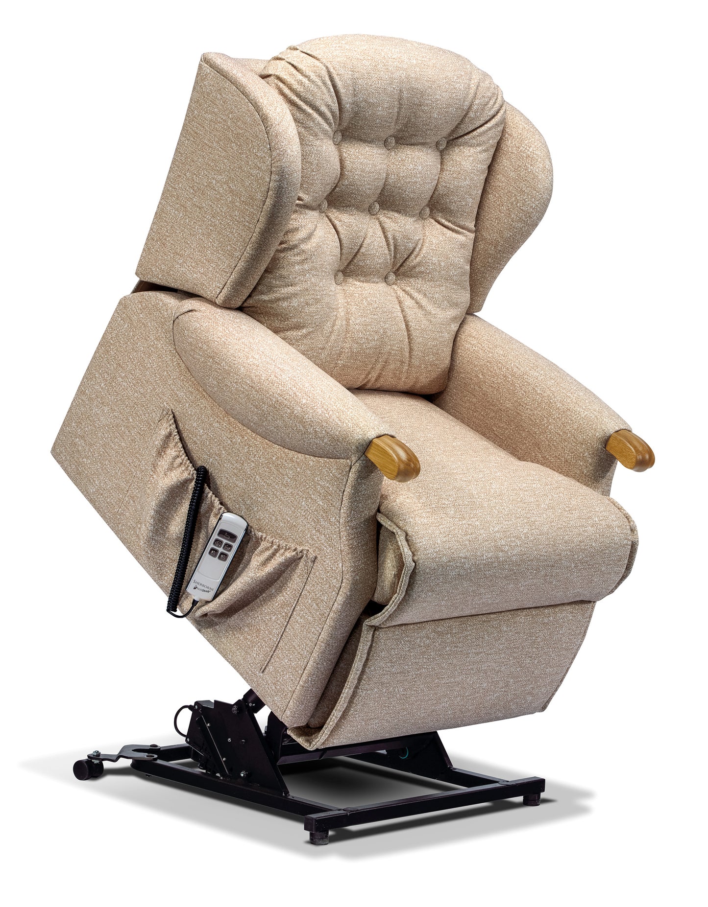 Beige lift chair with remote control on a white background