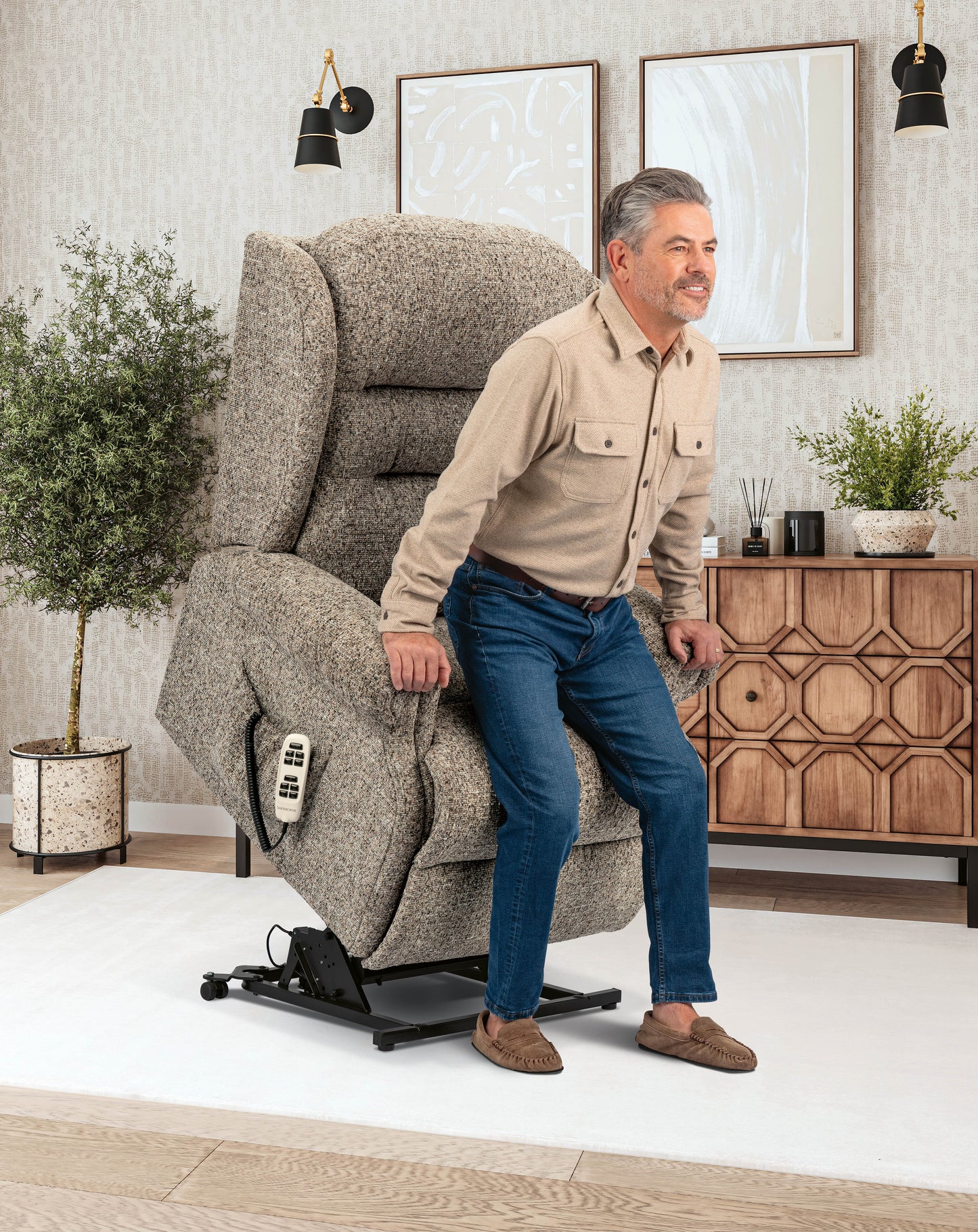 Sherborne Newbury Cloud Comfort Triple Motor Fabric Riser Recliner Armchair With Lumbar & Headrest Adjustment Option VAT FREE