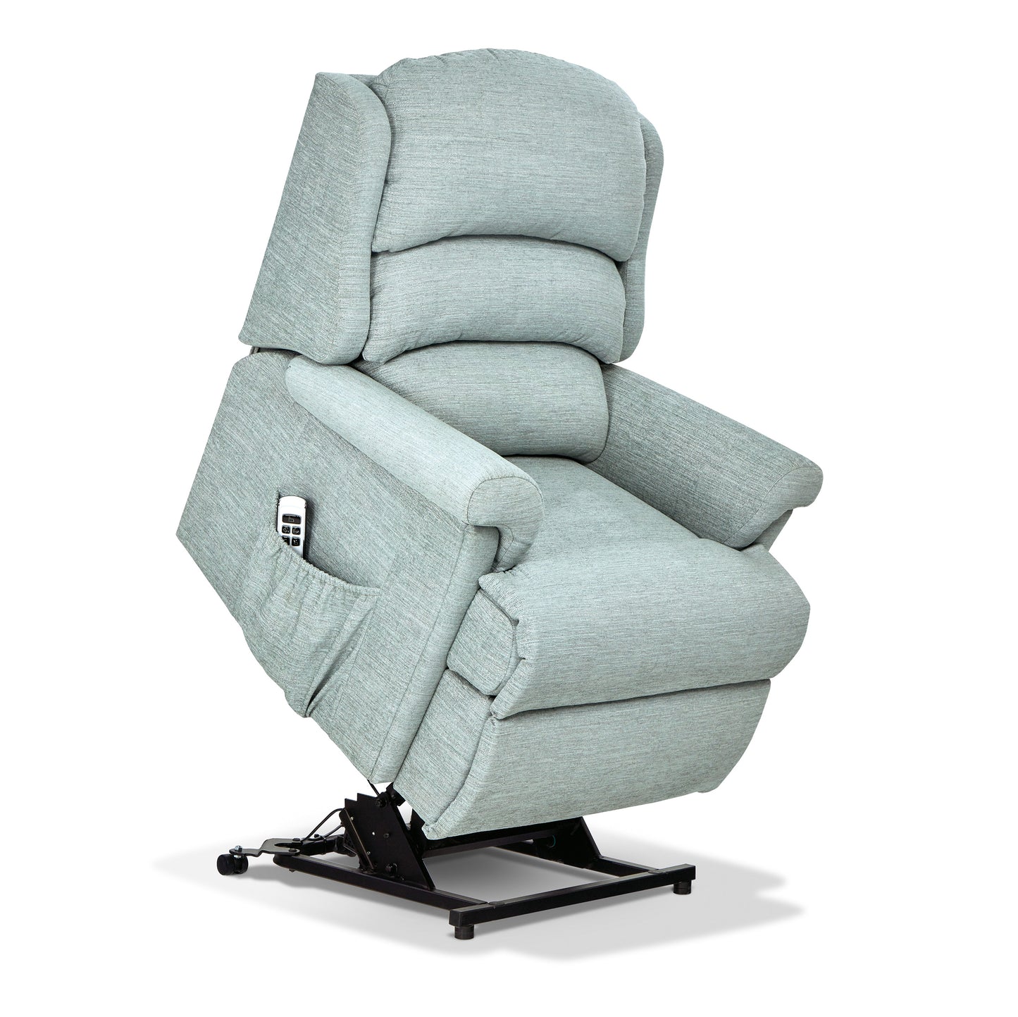 Light gray Sherborne Albany Fabric Armchair riser recliner chair with a remote control on a white background