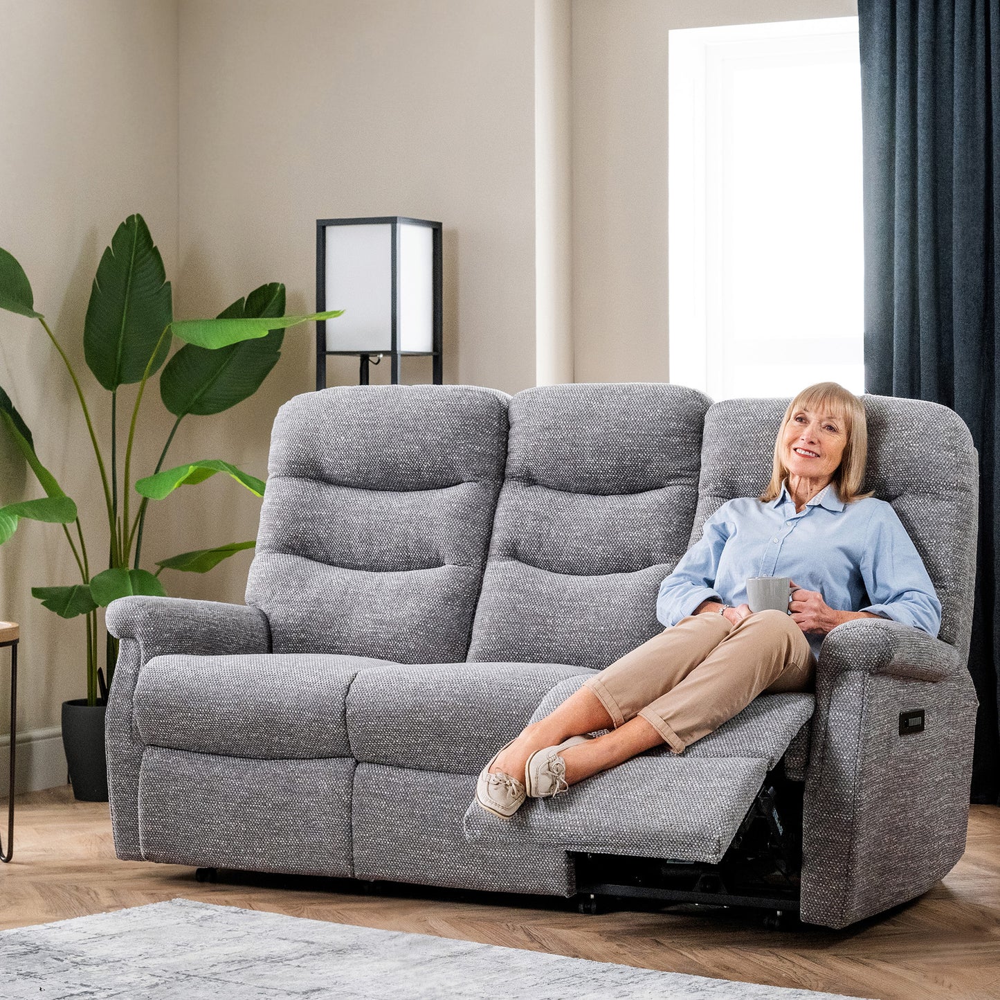 Celebrity Hollingwell Three Seater Settee Electric Powered Reclining Fabric Sofa With Mammoth Foam & Lumbar & Headrest Adjustment Option