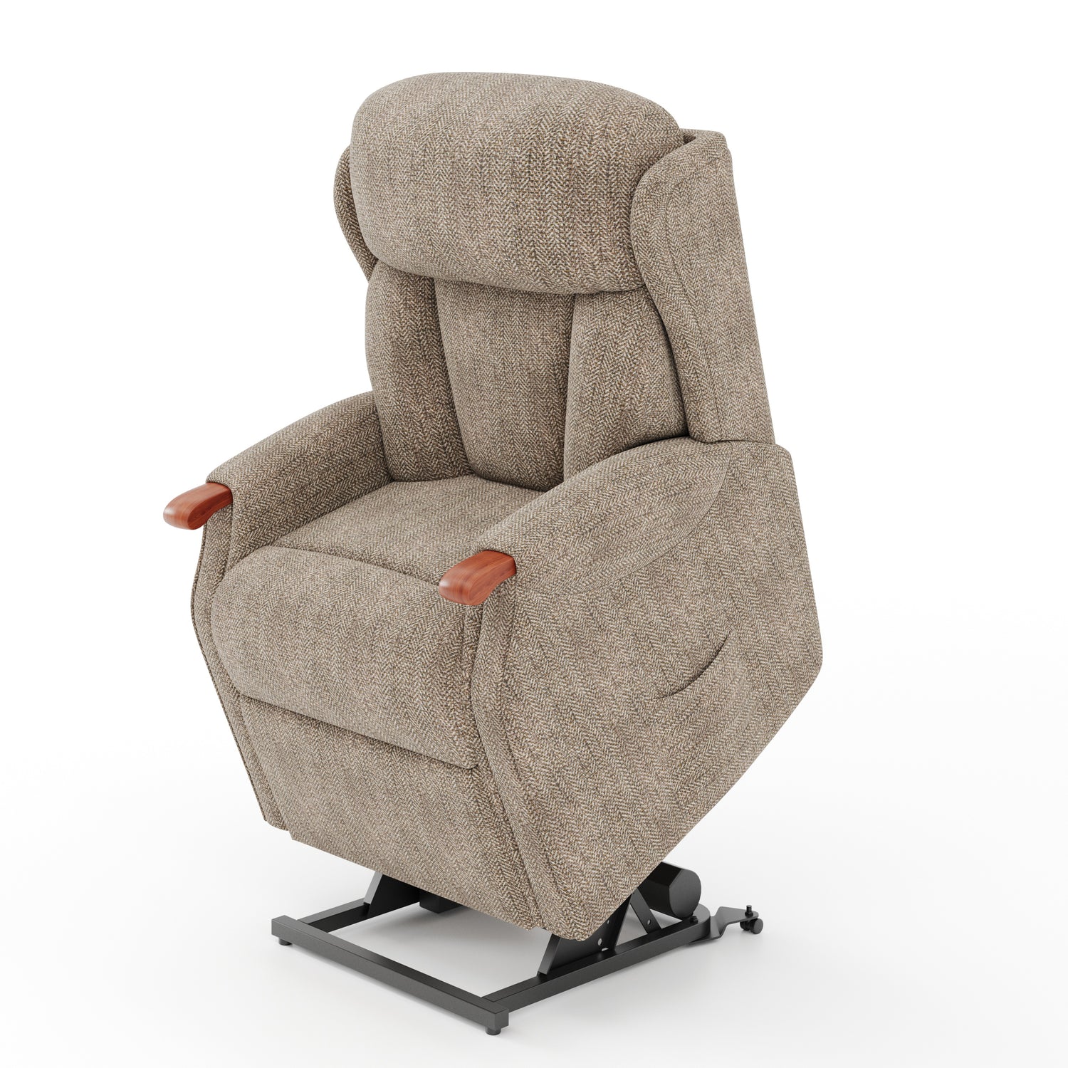 Beige recliner chair with armrests on a white background