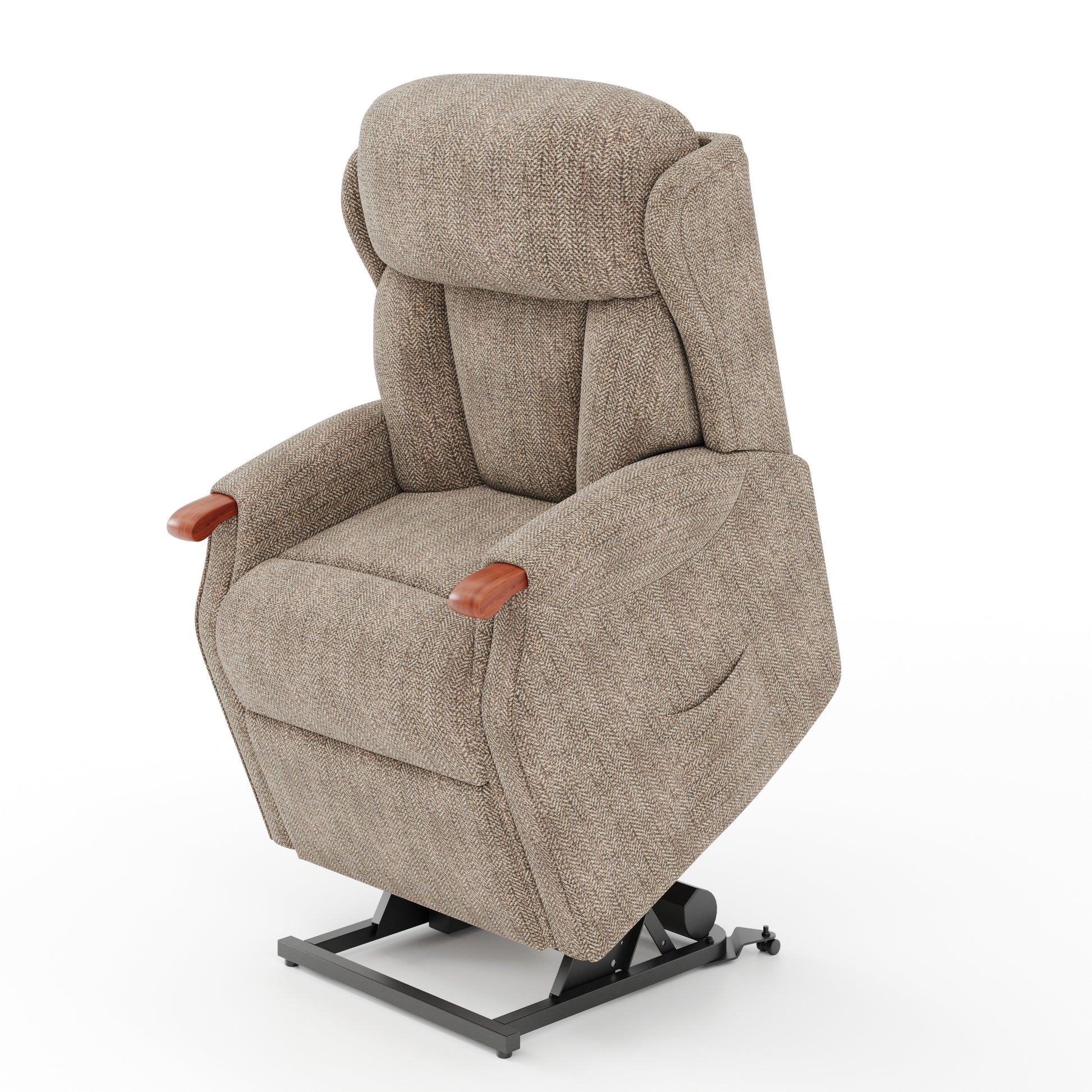 Beige recliner chair with armrests on a white background