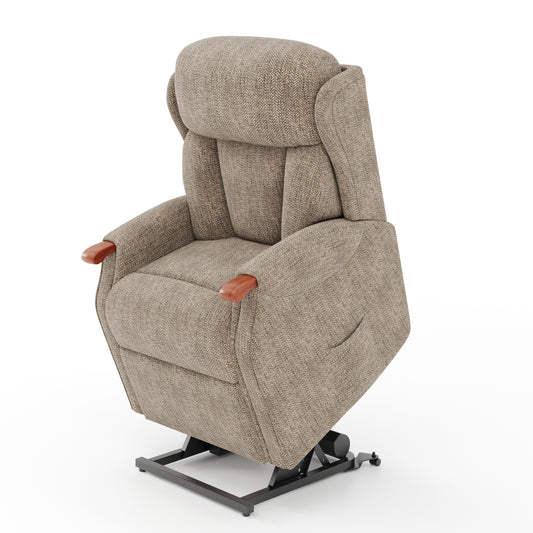 Beige recliner chair with armrests on a white background