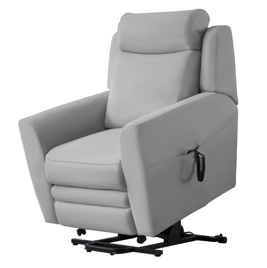Gray leather recliner chair with lifting mechanism on a white background