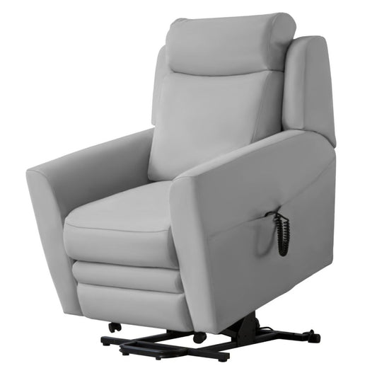 Gray leather recliner chair with lifting mechanism on a white background