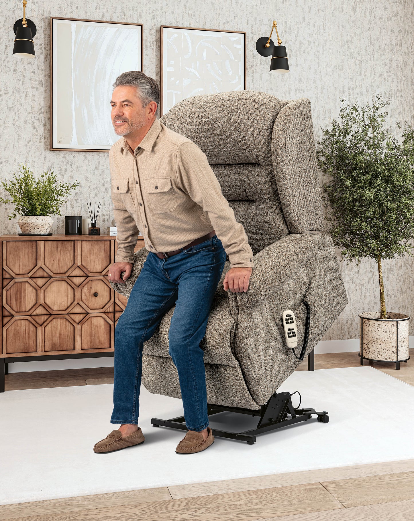 Sherborne Newbury Cloud Comfort Triple Motor Fabric Riser Recliner Armchair With Lumbar & Headrest Adjustment Option VAT FREE