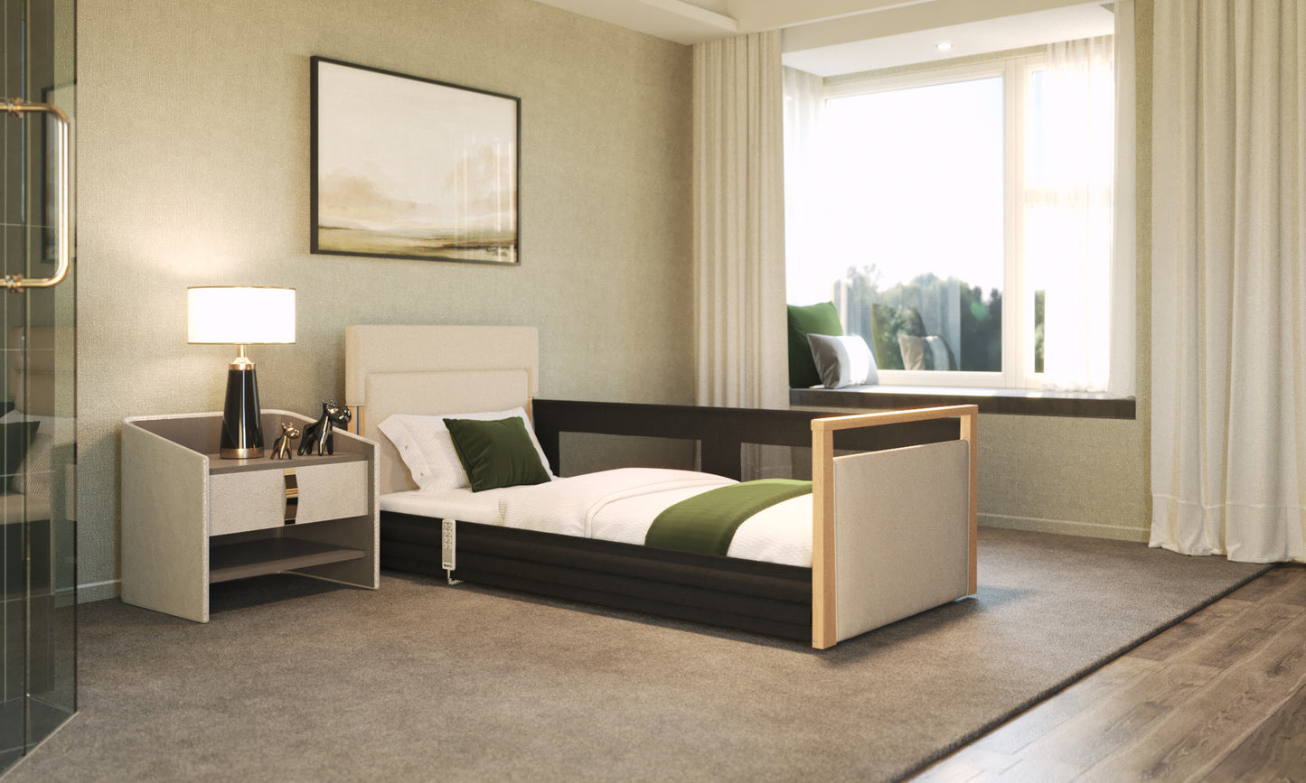 Solo Safeside Upholstered Profiling High Low Floor Bed Home Care Adjustable Bed With A Choice Of Mattresses VAT FREE