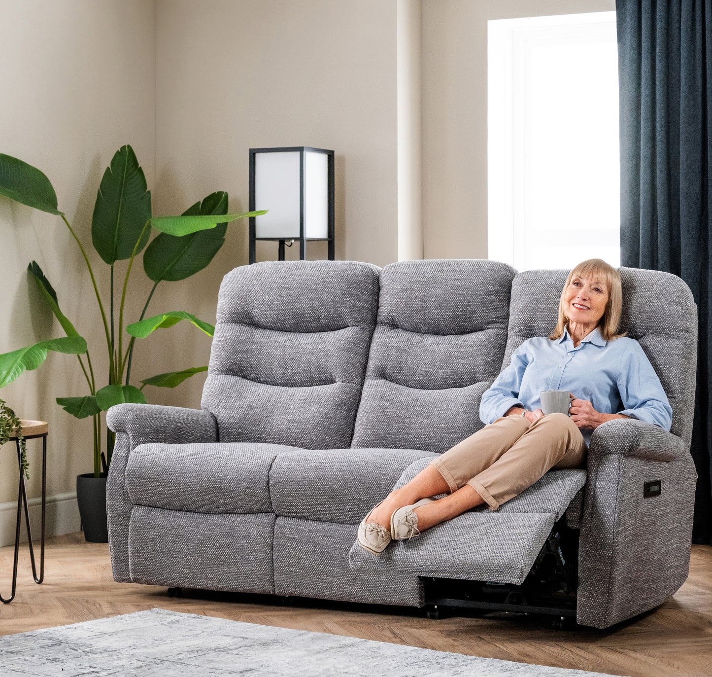 Celebrity Hollingwell Three Seater Settee Electric Powered Reclining Fabric Sofa With Mammoth Foam & Lumbar & Headrest Adjustment Option