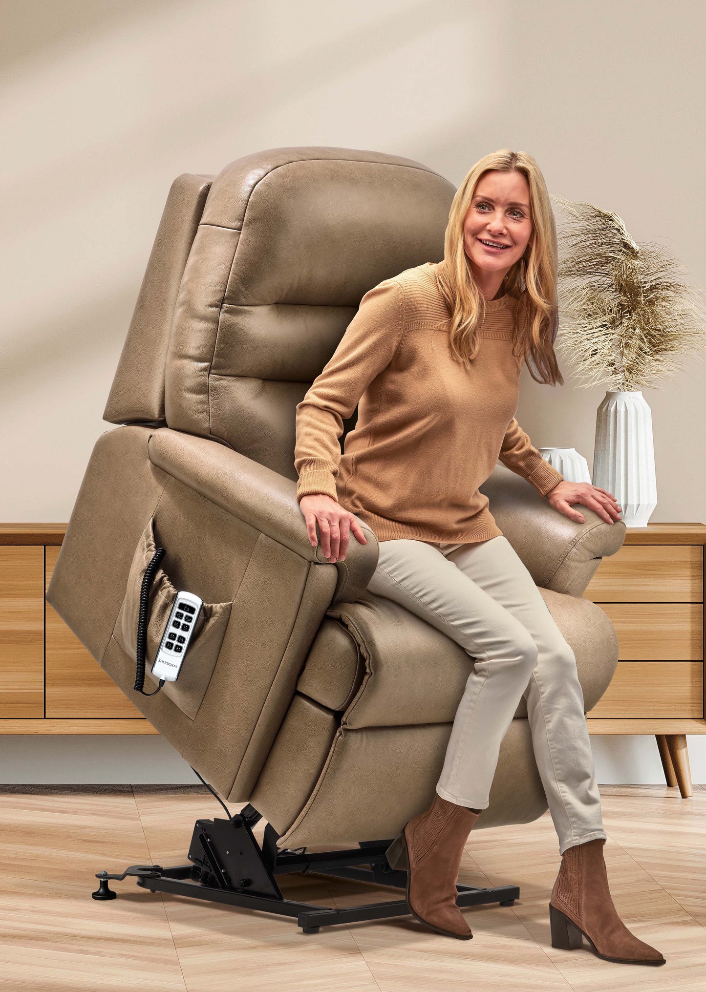 Sherborne Beaumont Single Motor Leather Riser Recliner Armchair With Lumbar & Headrest Adjustment Option VAT FREE