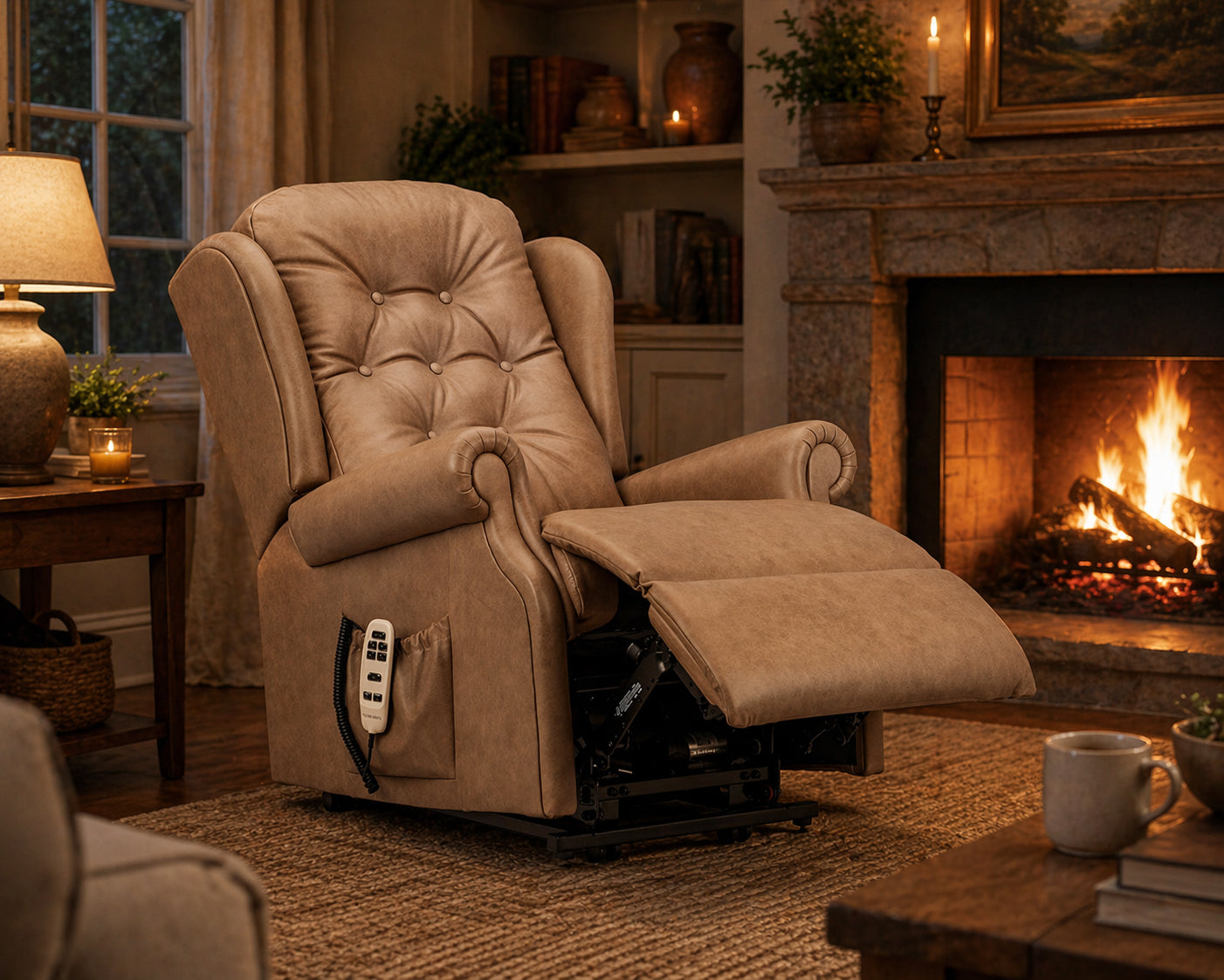 Beige leather Sherborne Chester recliner chair in a cozy living room with a fireplace.