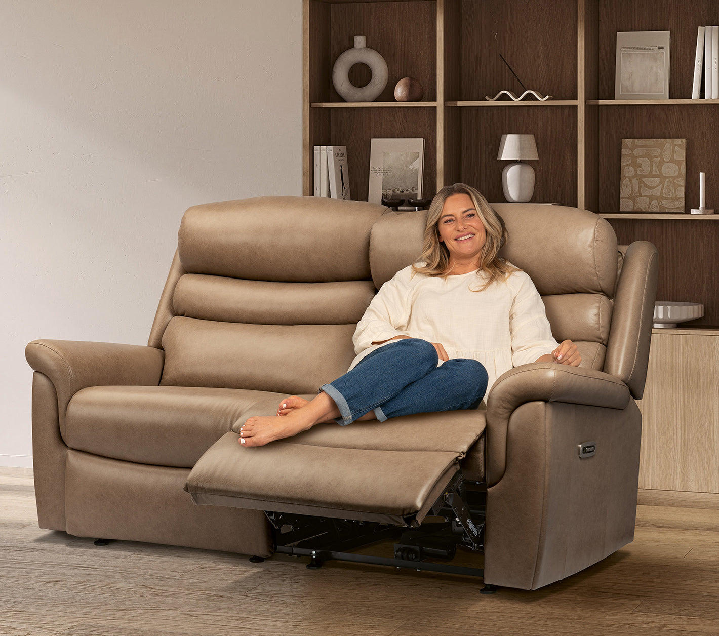 Sherborne Leyburn Two Seater Lounger Electric Powered Reclining Leather Sofa With Headrest Adjustment Option