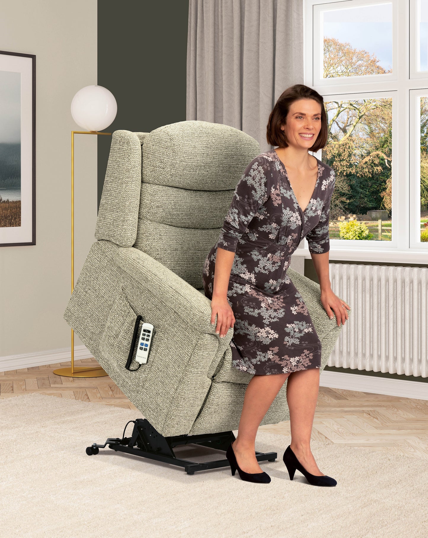 Sherborne Leyburn Single Motor Fabric Rise And Recliner Armchair With Lumbar & Headrest Adjustment Option VAT FREE