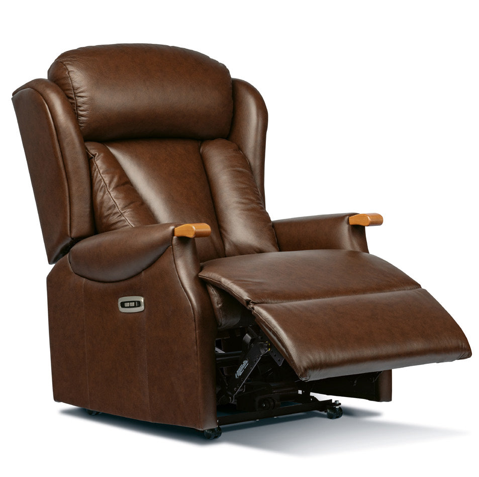 A brown leather Sherborne Cartmel Knuckle recliner chair with the footrest extended, shown on a clean white background. The chair features a power control button on the side panel and light wood armrest accents.