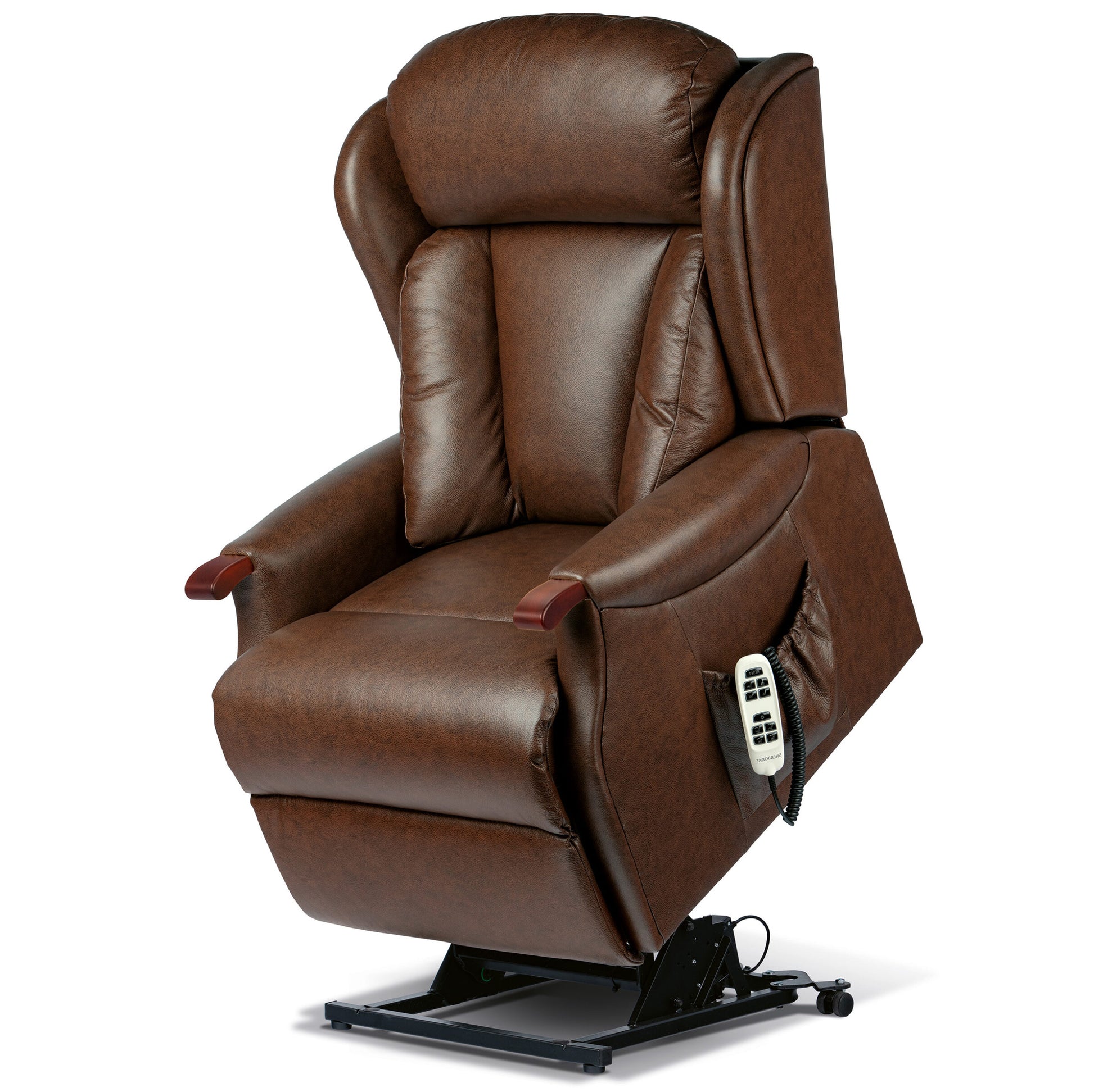 Brown leather Sherborne riser recliner chair with remote control on a white background