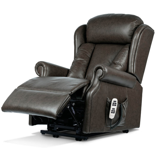 Brown leather riser recliner chair with remote control on a white background