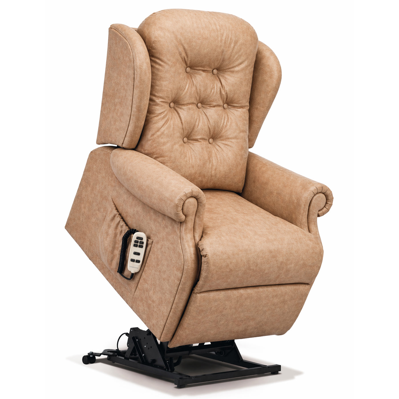 Beige lift chair with remote control on a white background