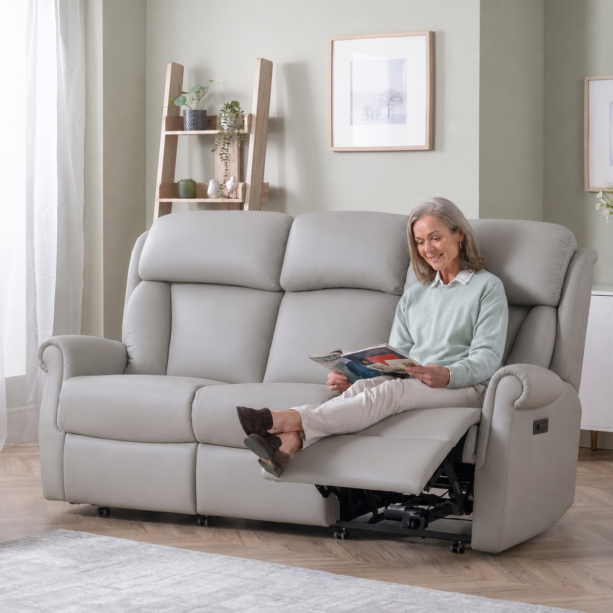Celebrity Ashfield Three Seater Electric Powered Reclining Leather Sofa With Lumbar & Headrest Adjustment Option