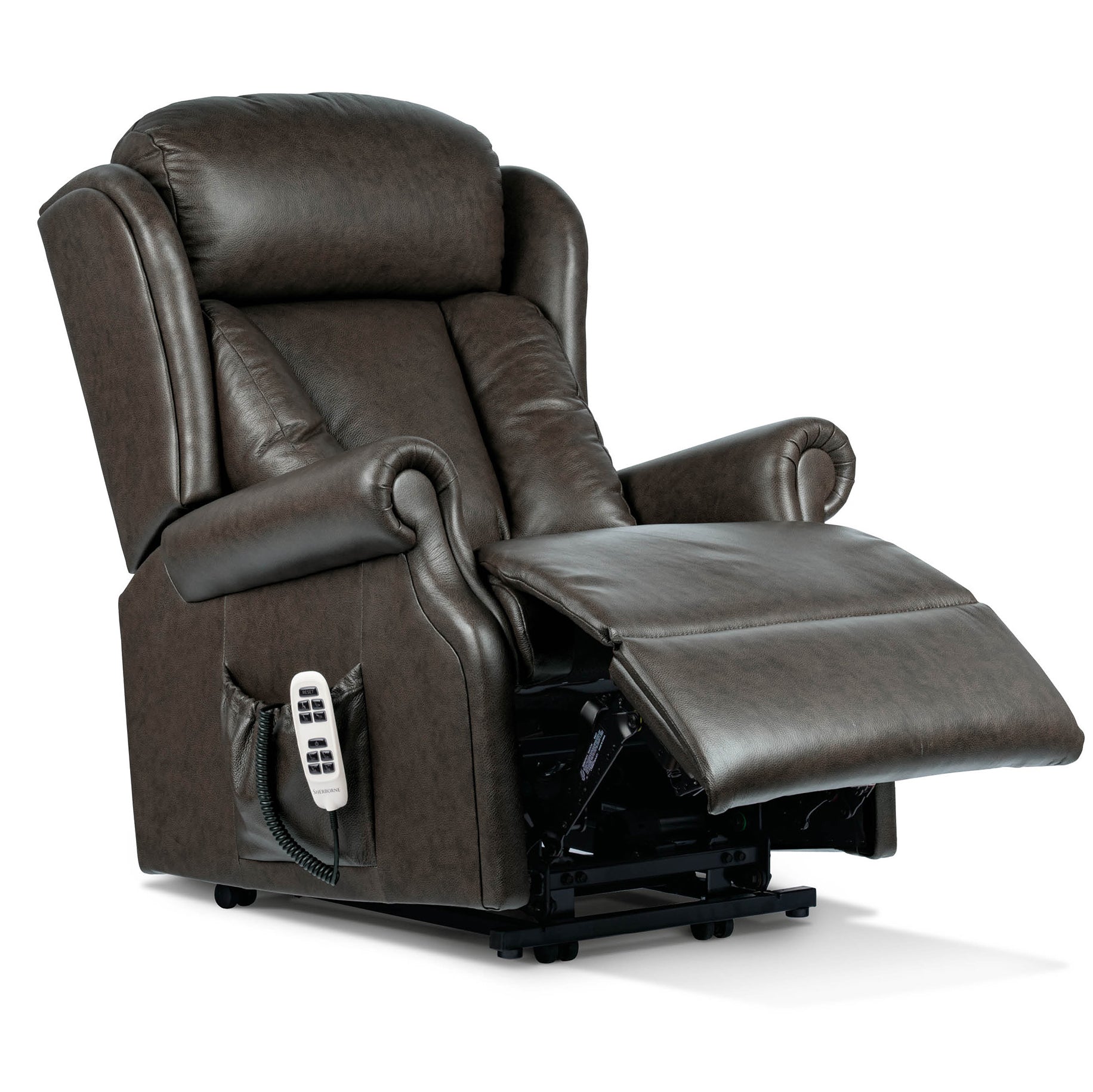 sherborne cartmel Brown leather recliner chair with remote control on a white background