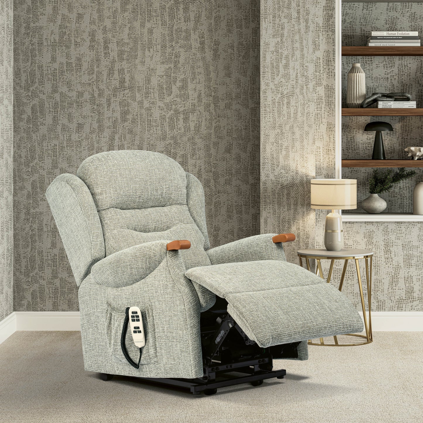 Sherborne Newbury Knuckle Dual Motor Fabric Riser Recliner Armchair With Lumbar & Headrest Adjustment Option VAT FREE