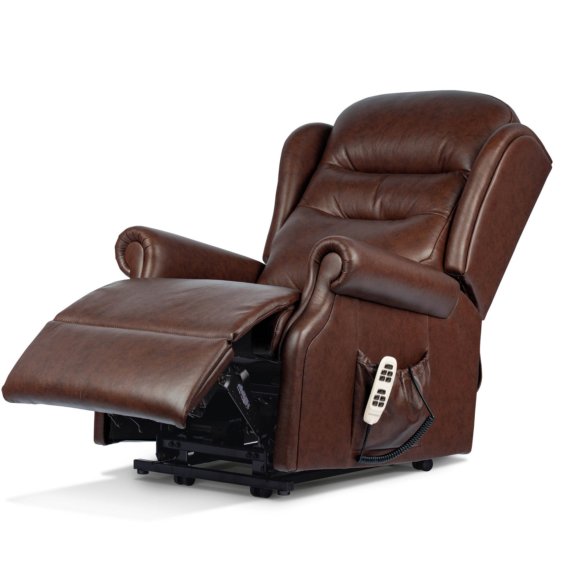 Sherborne newbury
Brown leather recliner chair with remote control on a white background