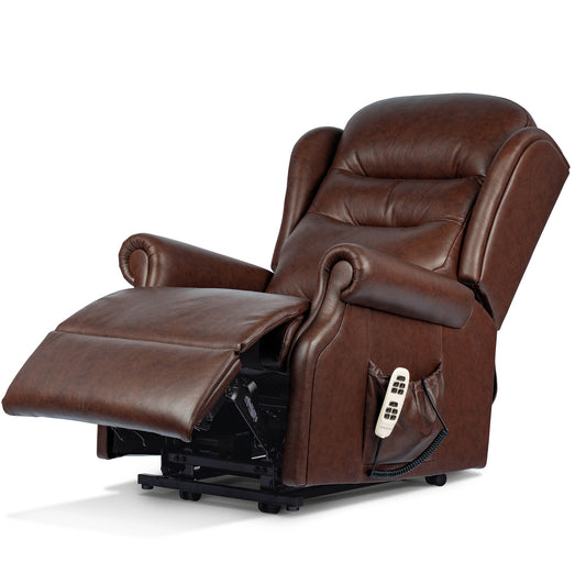 Sherborne newbury
Brown leather recliner chair with remote control on a white background