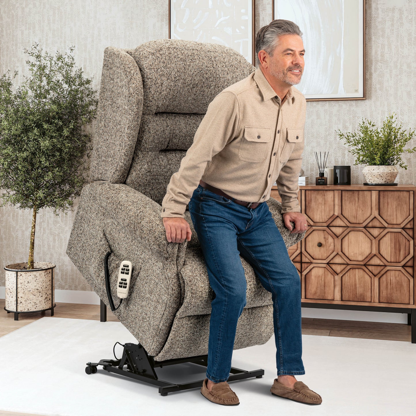 Sherborne Newbury Cloud Comfort Triple Motor Fabric Riser Recliner Armchair With Lumbar & Headrest Adjustment Option VAT FREE