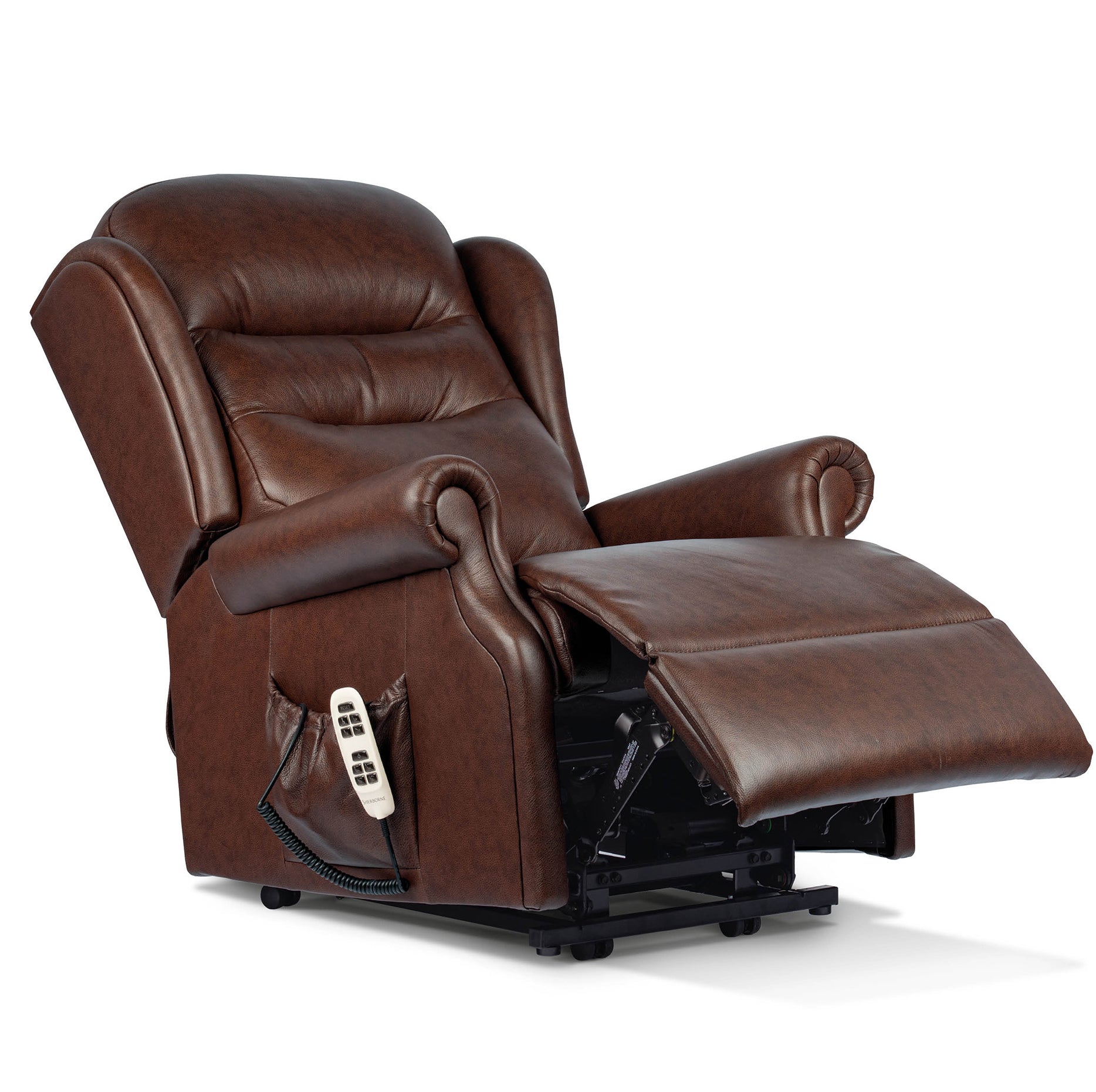 Brown leather riser recliner chair with remote control on a white background
