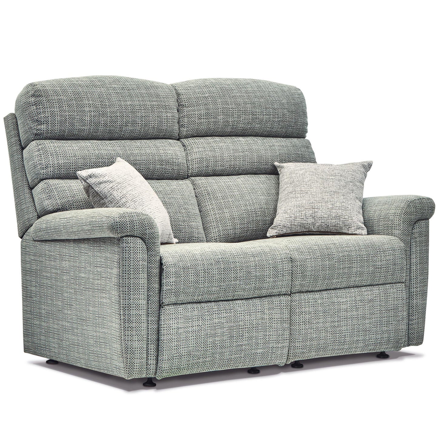 Sherborne Roma Grey fabric sofa with two cushions on a white background