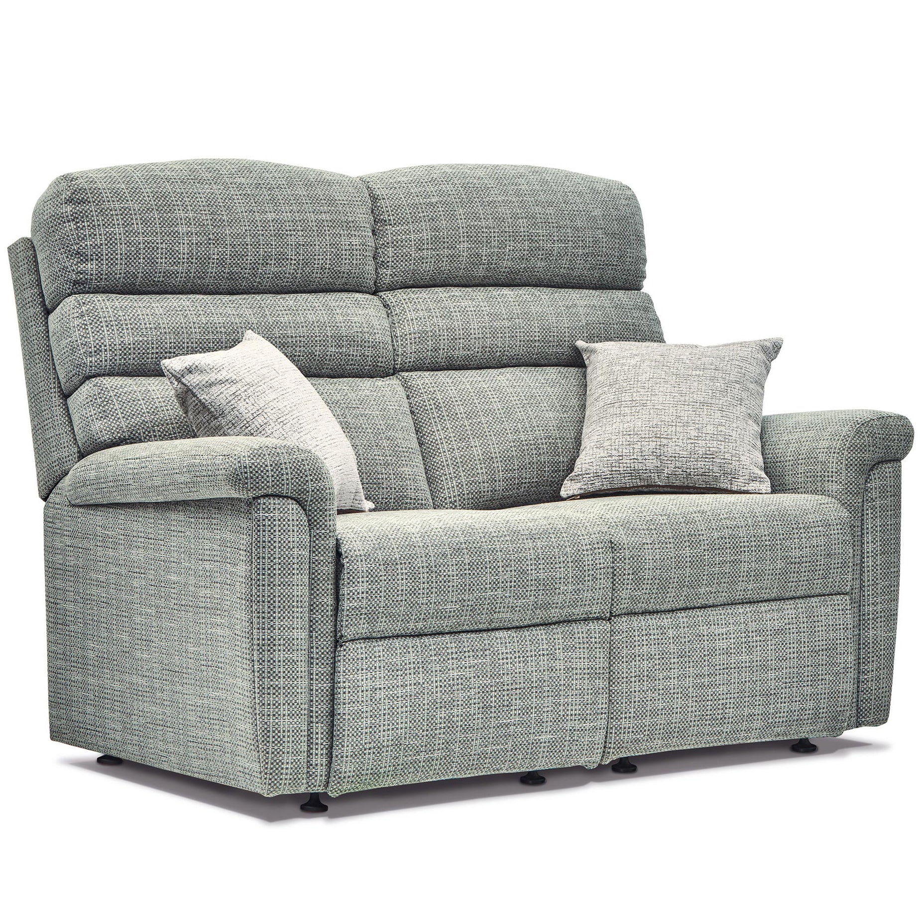 Sherborne Roma Grey fabric sofa with two cushions on a white background