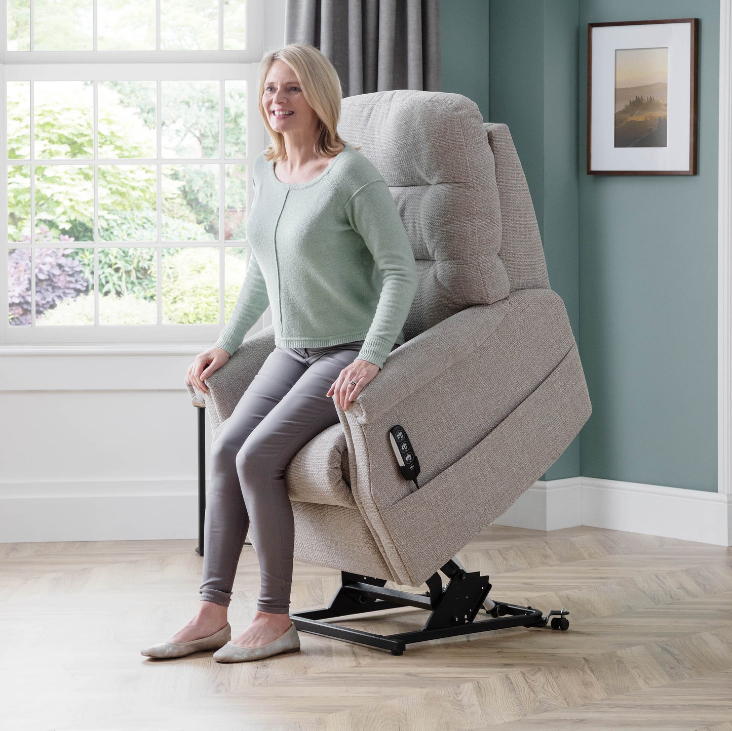 Celebrity Sandhurst Dual Motor Rise And Recliner Fabric Armchair With Mammoth Foam With Adjustable Headrest Option VAT FREE