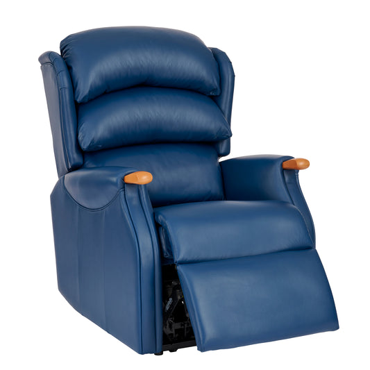 Blue Celebrity Westbury recliner chair with wooden armrests on a white background