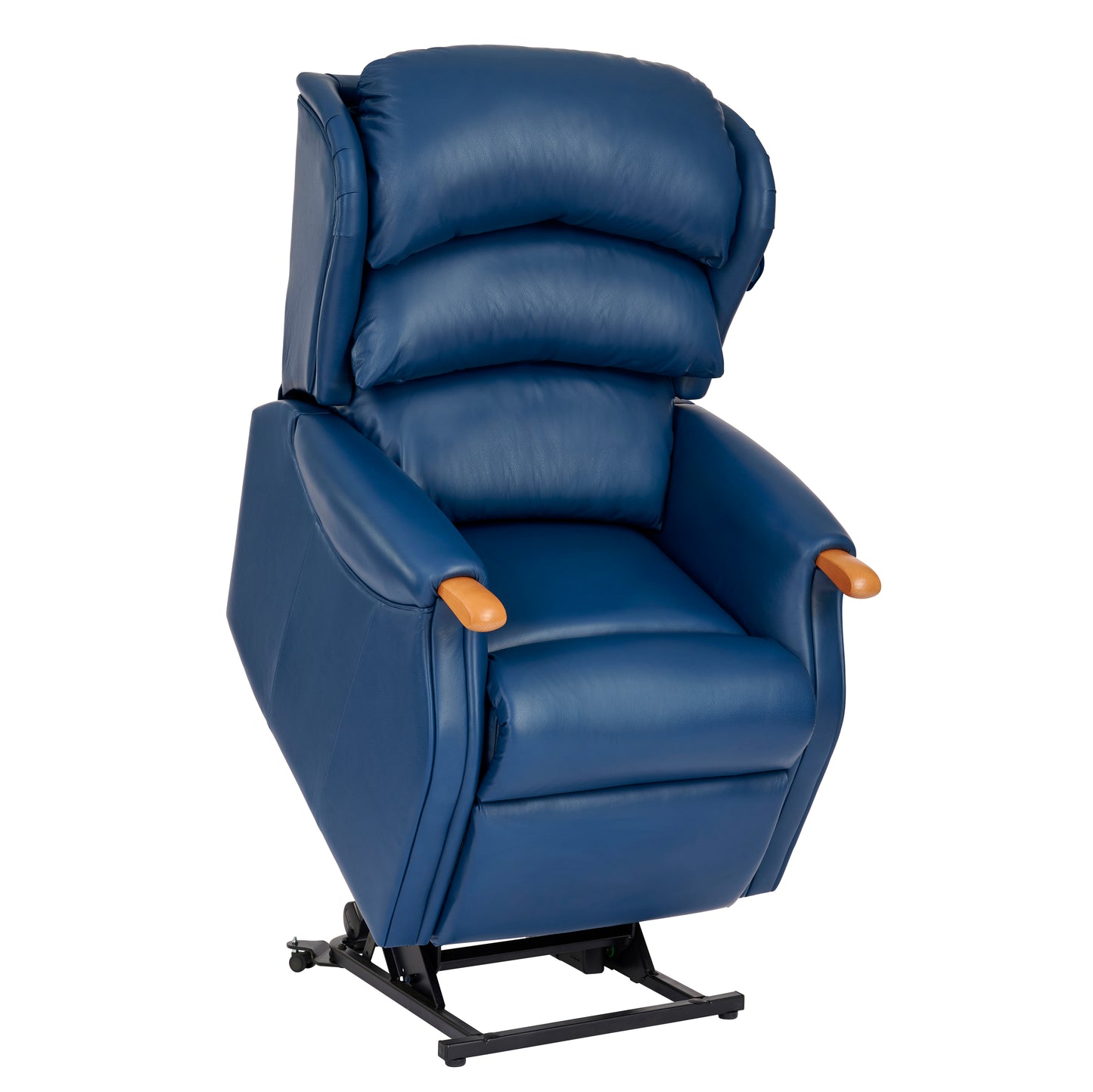 Blue Celebrity Westbury leather recliner chair with wooden armrests on a white background