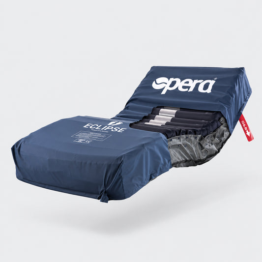 A navy blue Opera Eclipse air mattress cover shown partially inflated on a light gray background.