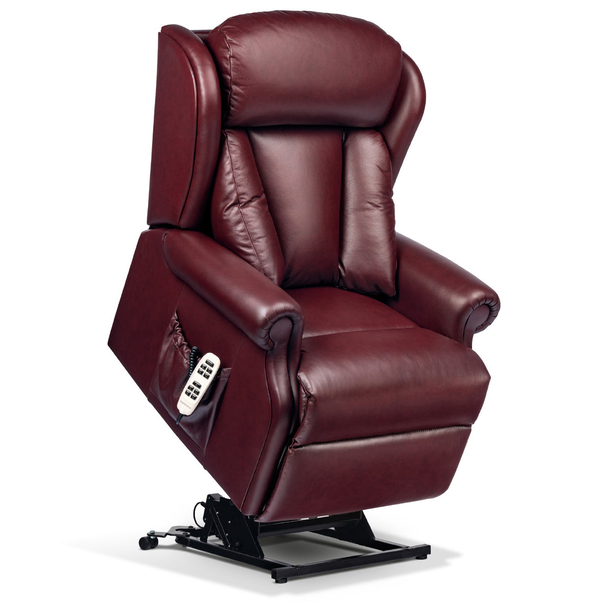 A burgundy leather power lift recliner chair with a side pocket holding a remote control, shown on a white background.