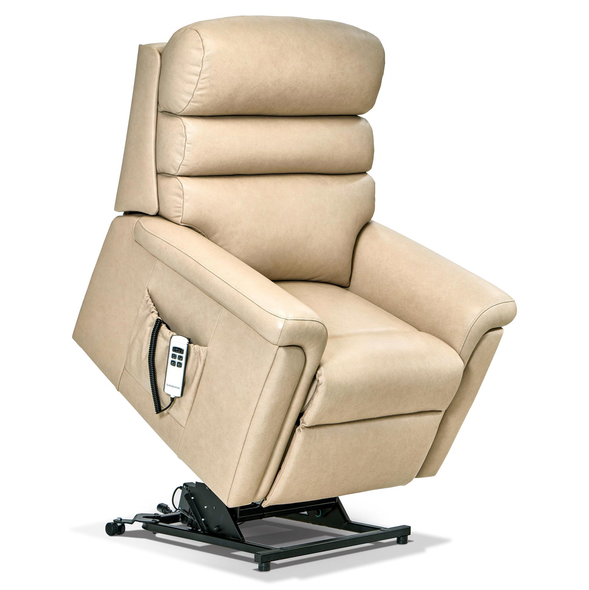 Beige sherborne comfi sit lift chair with remote control on a white background