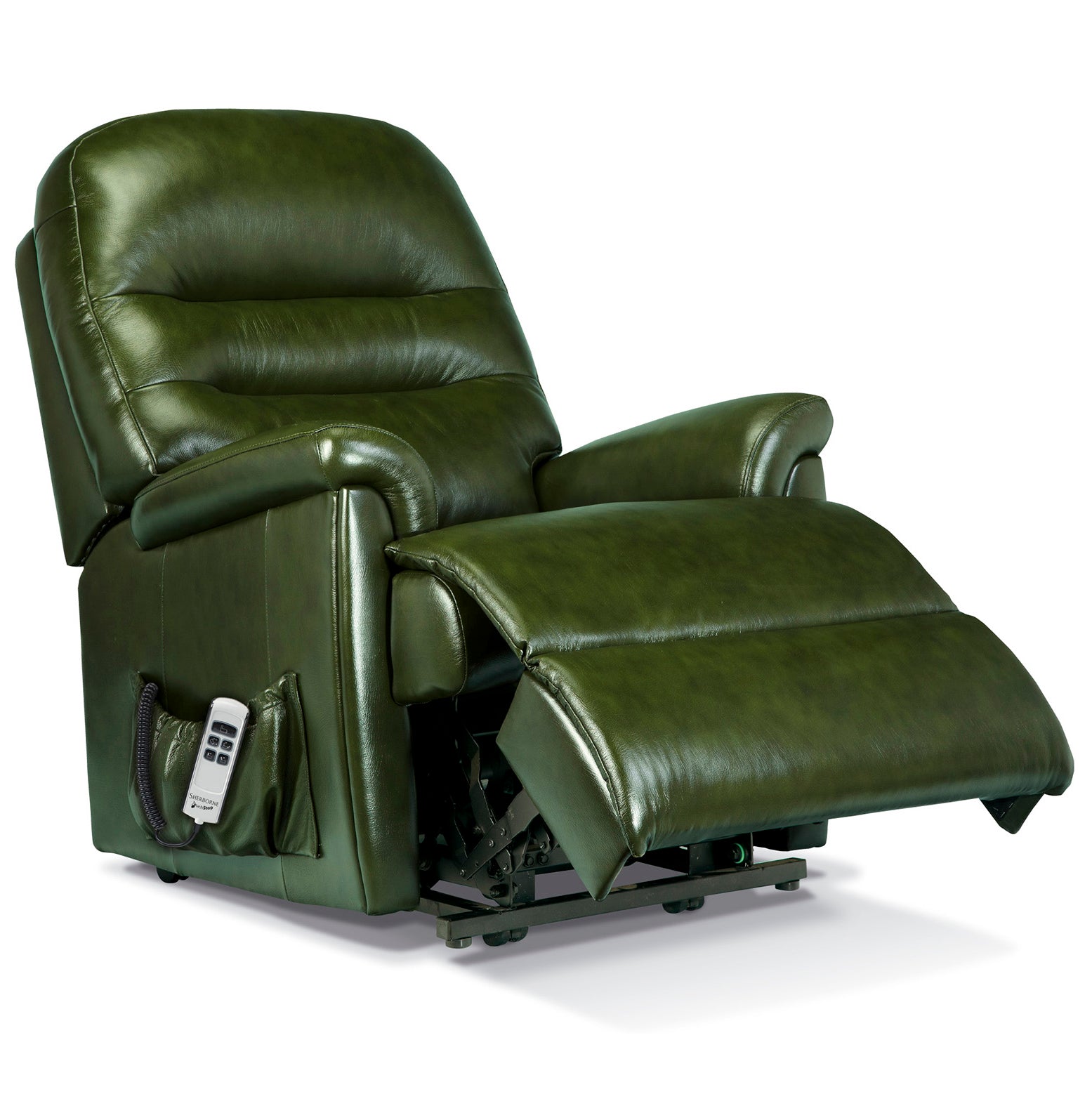 Green leather Sherborne Keswick recliner chair with remote control on a white background