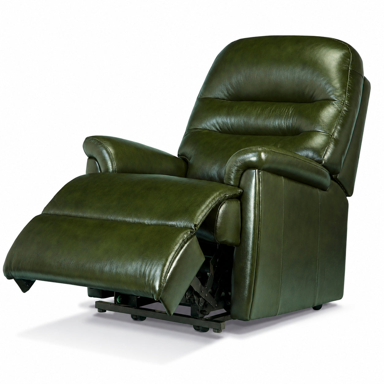 An olive green leather recliner chair with the footrest extended, shown on a clean white background.