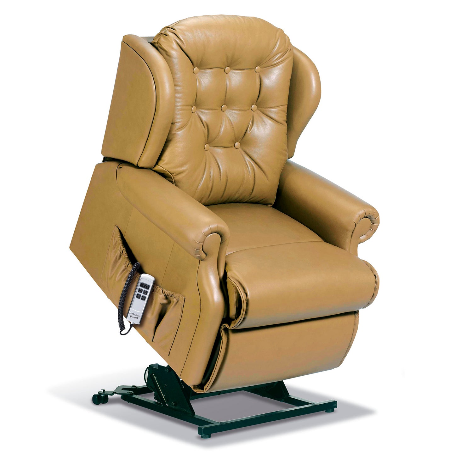 A tan leather recliner chair with tufted backrest, rolled arms, and a dark metal base, shown on a white background with a small remote in a side pocket.