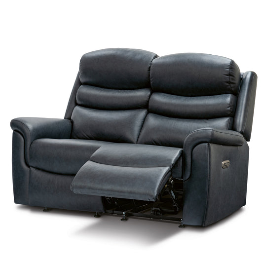 A dark navy blue two-seater power reclining loveseat with the right armrest extended, shown against a plain white background.