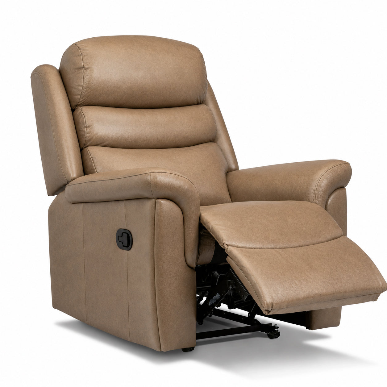 A tan faux-leather recliner chair shown in a reclined position with the footrest extended, photographed on a clean white background.