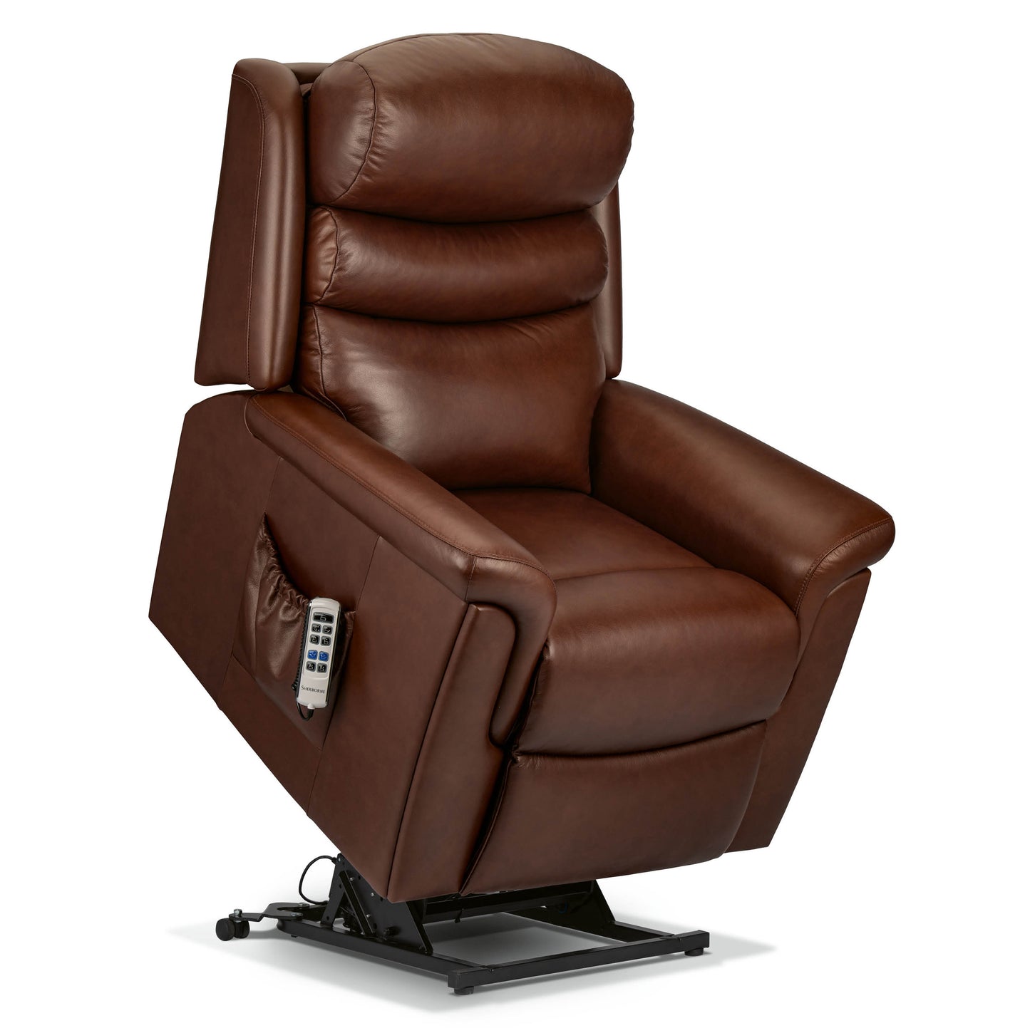 A brown leather recliner chair with a side pocket holding a remote control, shown on a white background.