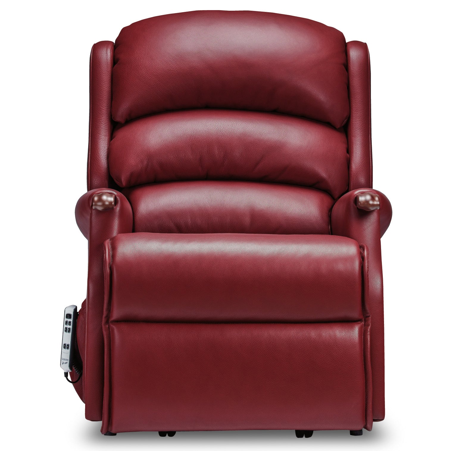 A red leather recliner chair with a high back, padded headrest, and extended footrest, shown against a plain white background. A small control panel is visible on the left side.