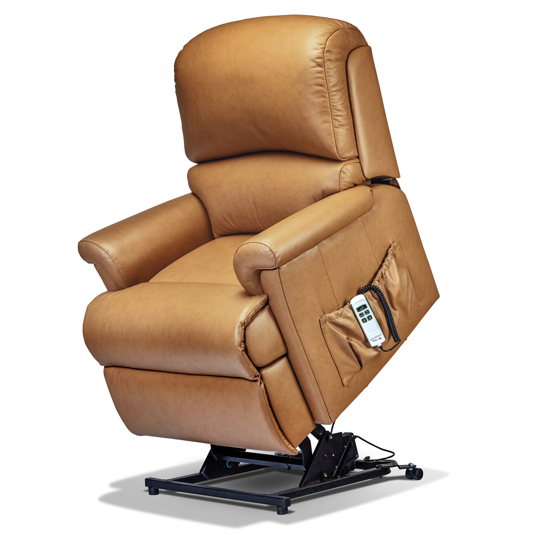 A tan leather recliner chair with a black hydraulic base and a side pocket holding a remote control, shown on a white background.