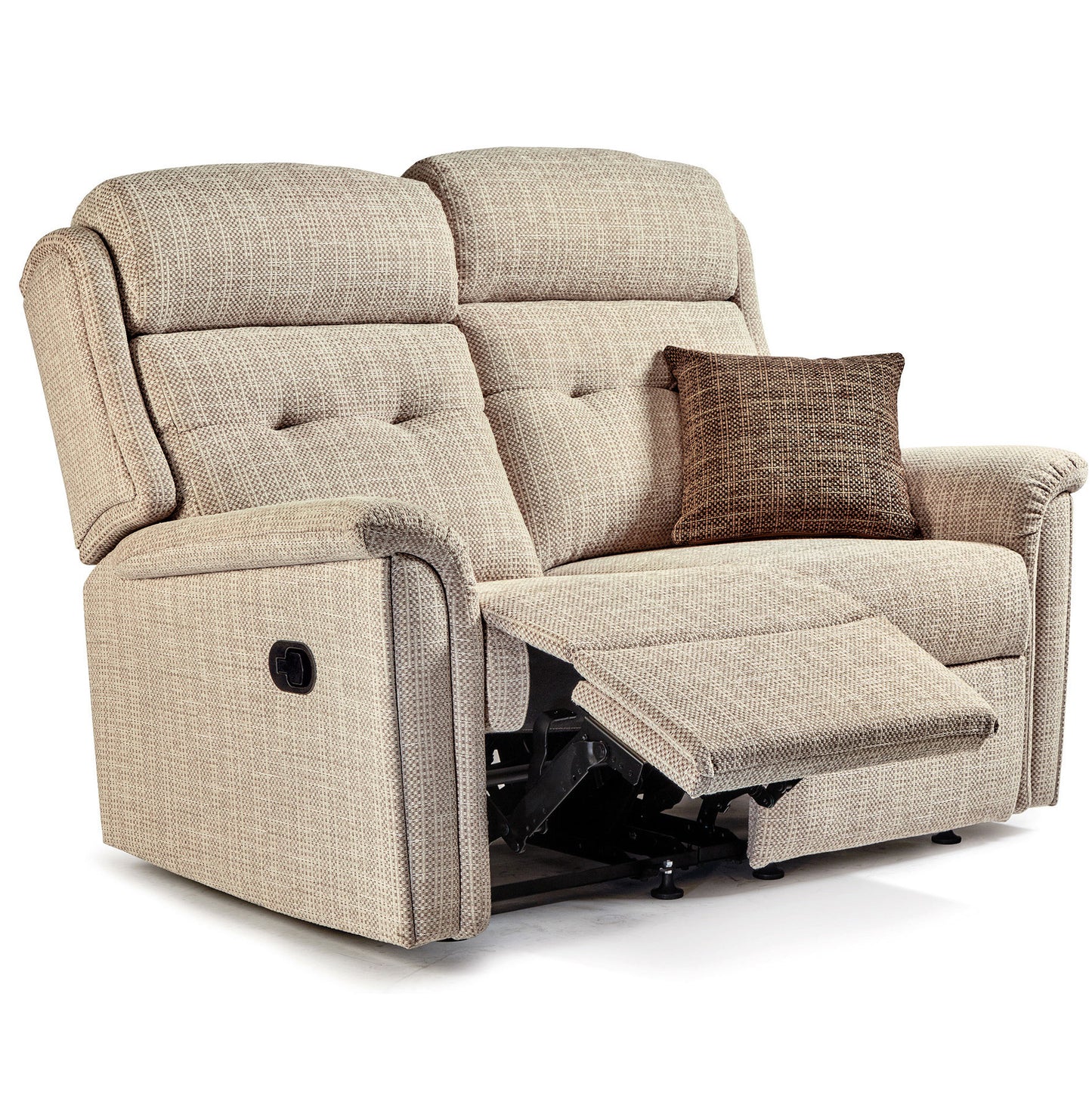 Sherborne Roma Beige fabric sofa with two cushions on a white background