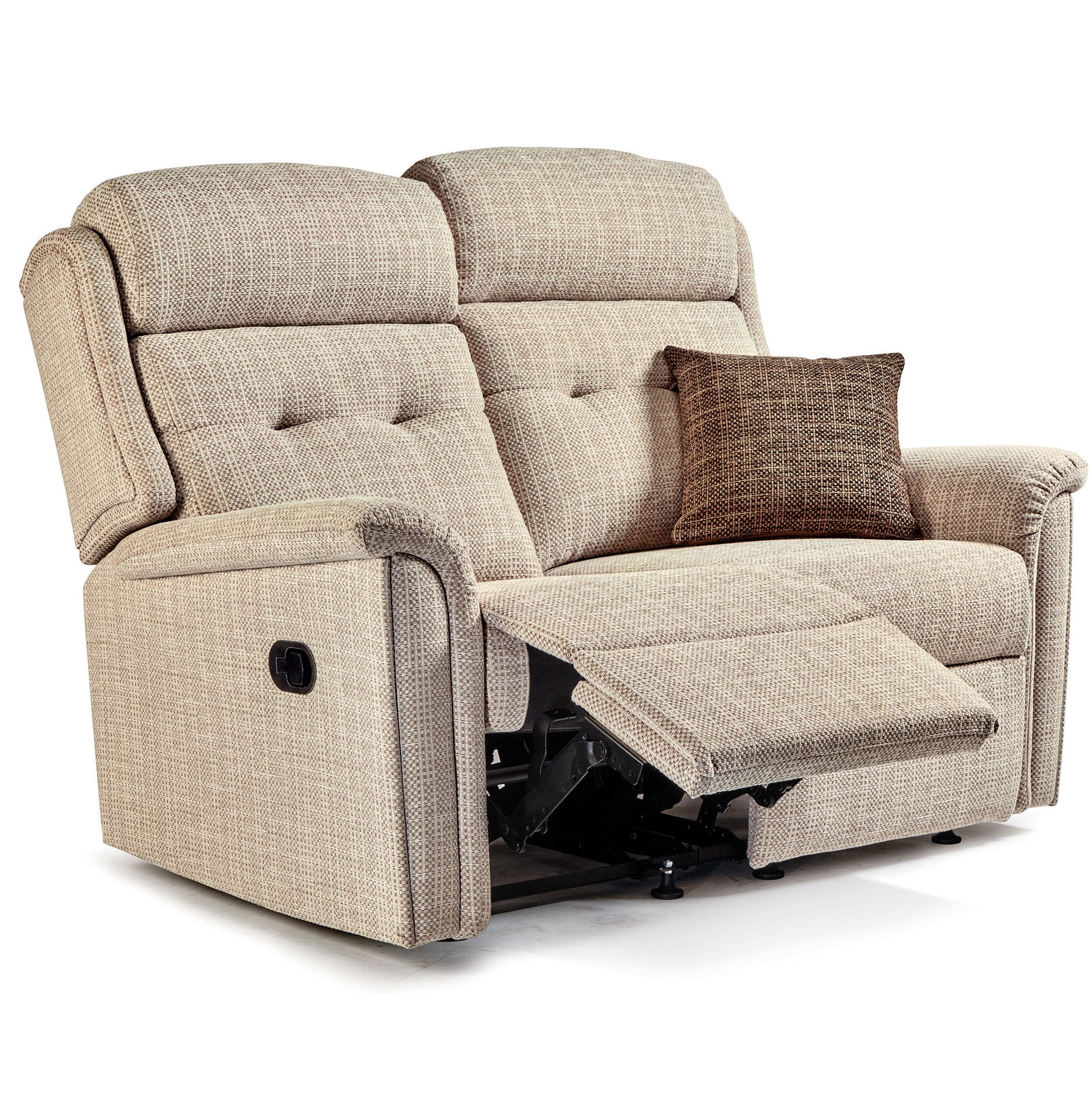 Sherborne Roma Beige fabric sofa with two cushions on a white background