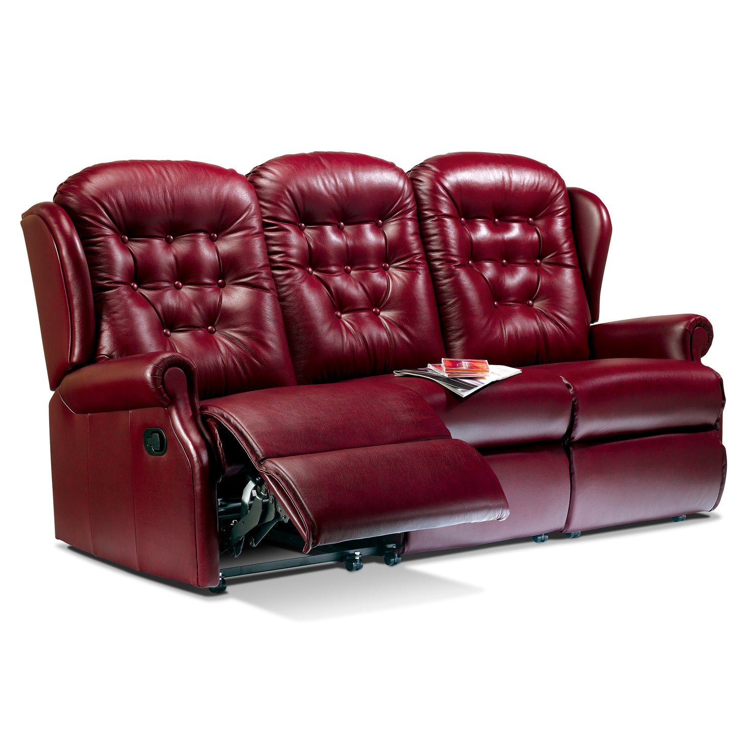 A three-seat power recliner loveseat in deep burgundy leather, with the center and left recliners extended, shown on a white background.