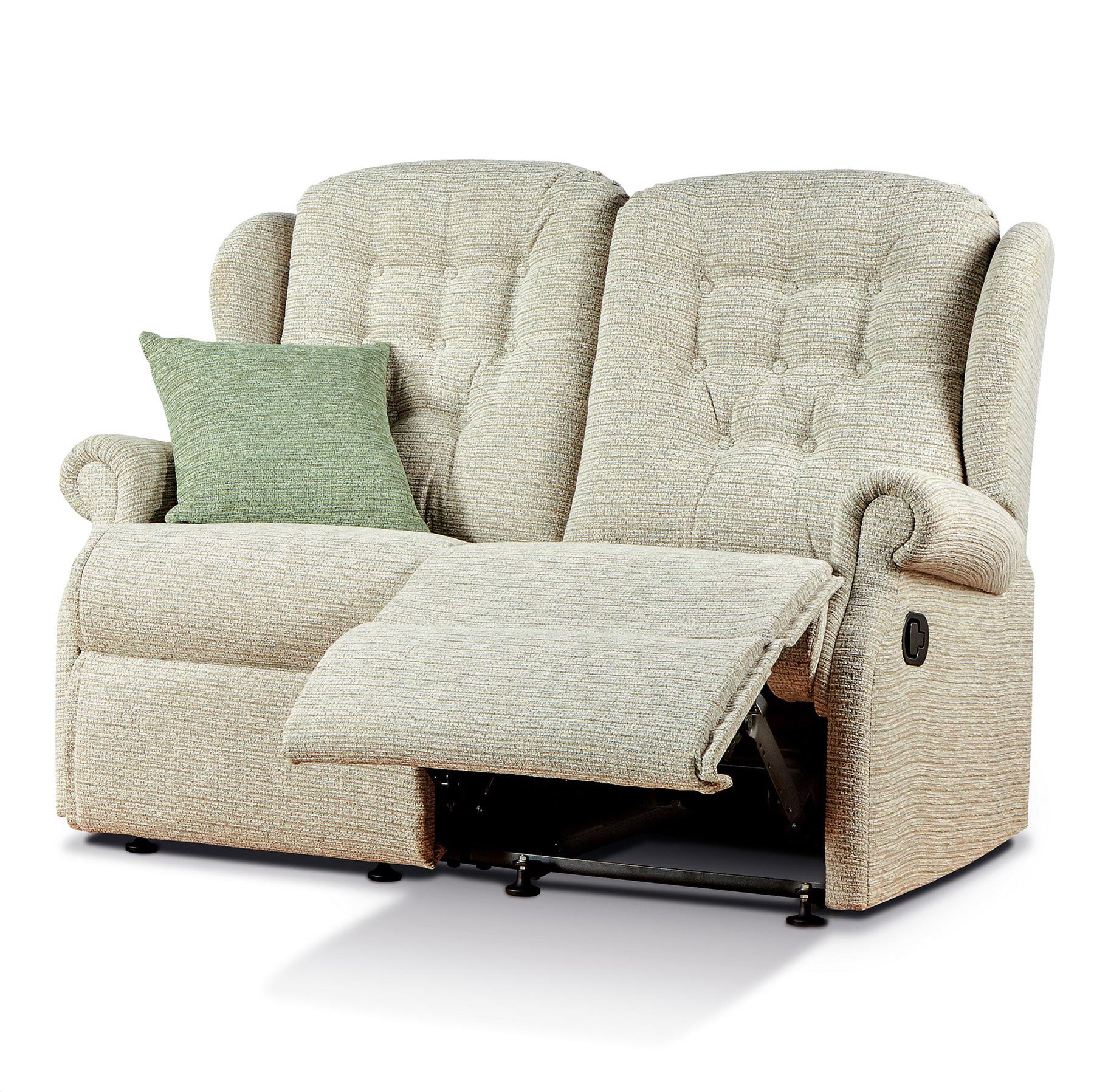 Beige recliner sofa with a green pillow on a white background