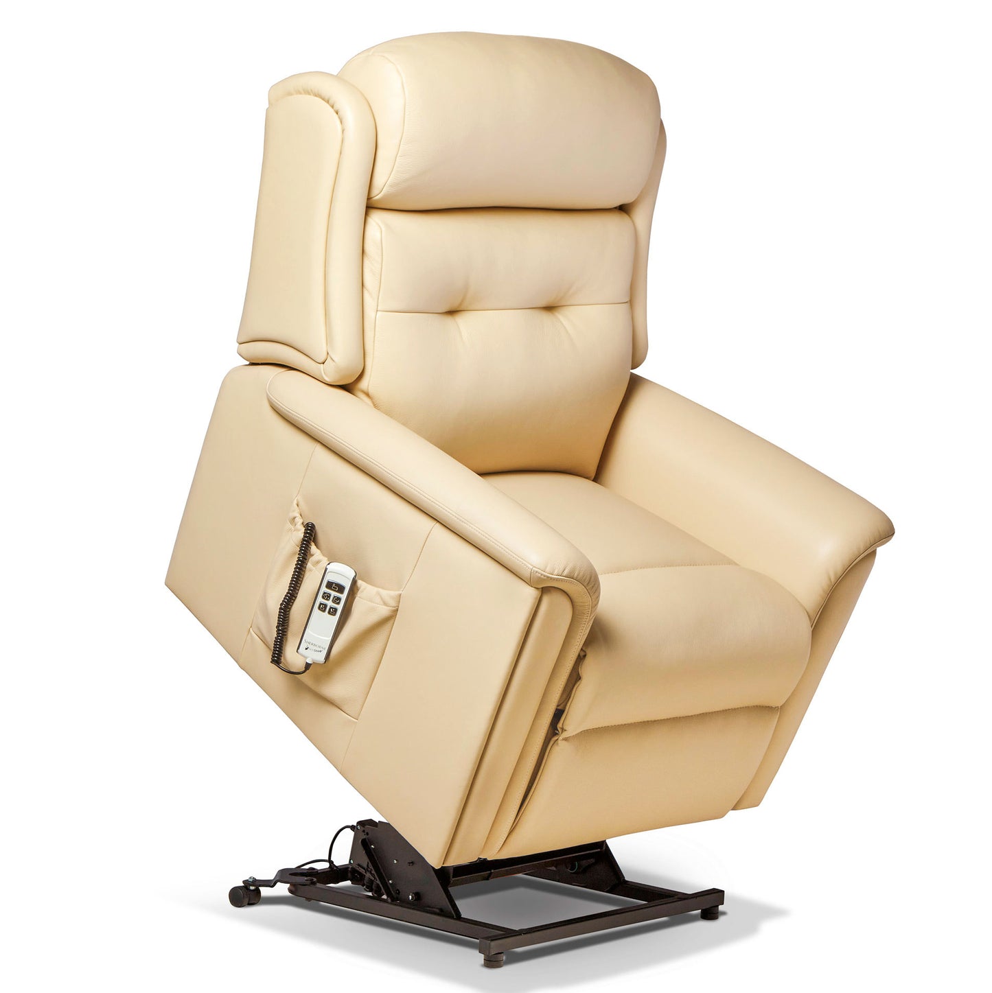 Sherborne Roma Leather riser recliner chair in a living room setting with striped wallpaper and a fireplace.