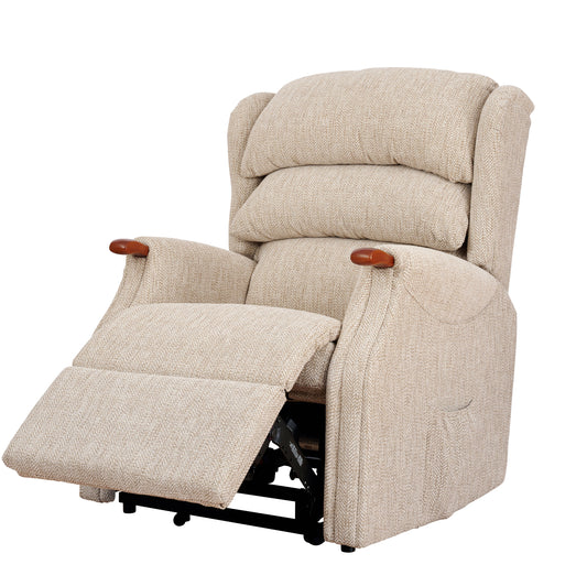 Beige Celebrity Westbury recliner chair with wooden armrests on a white background