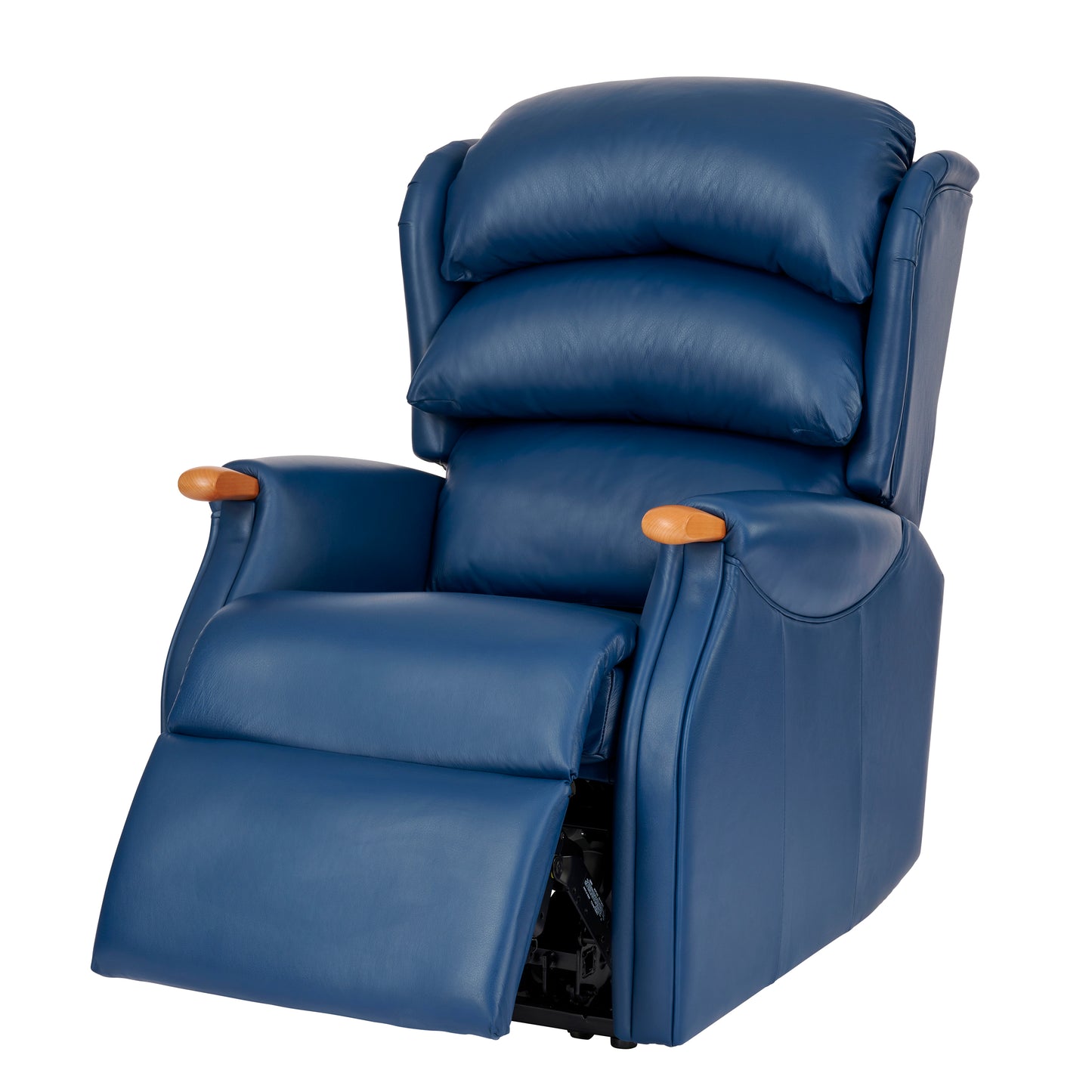 Blue Celebrity Westbury recliner chair with wooden armrests on a white background